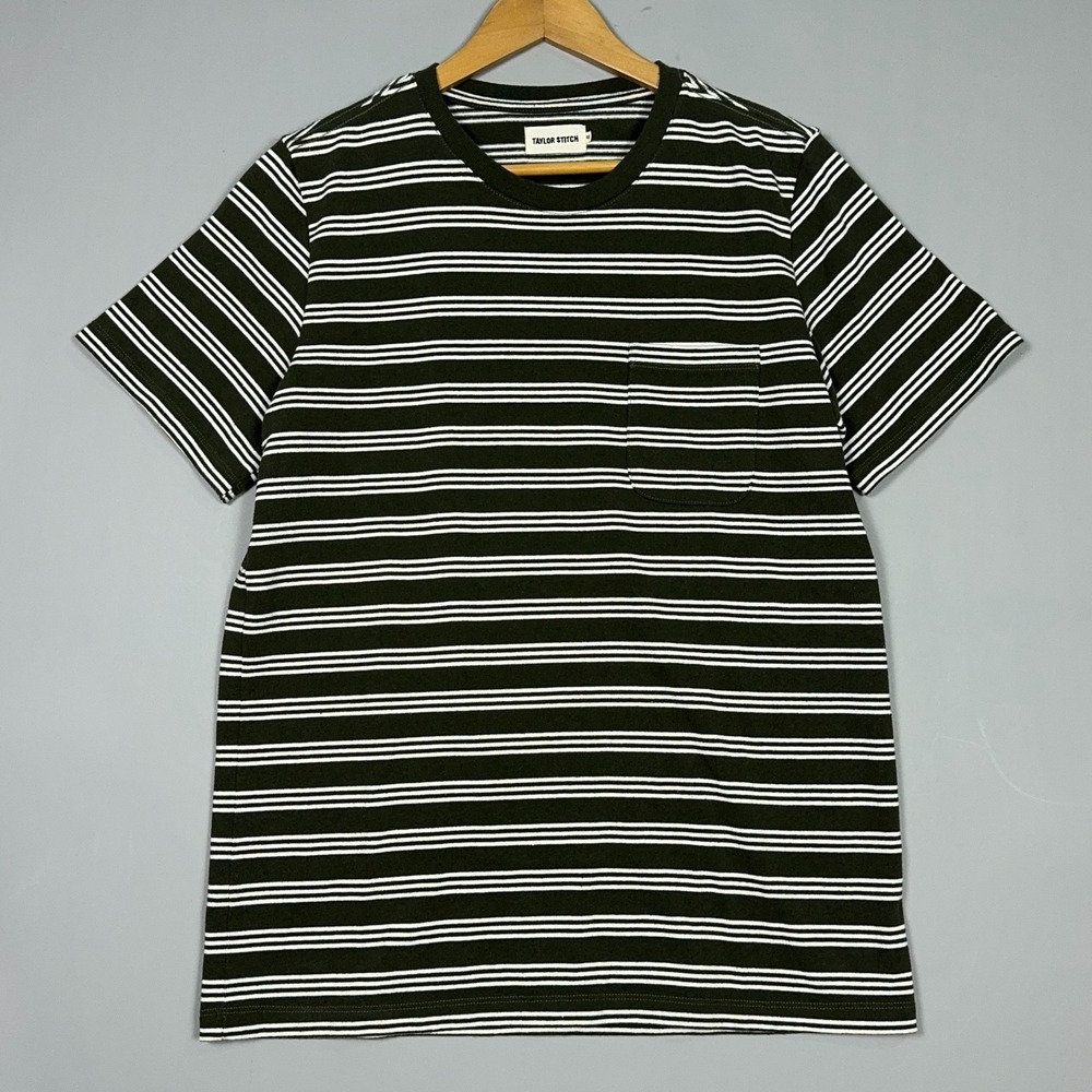 Taylor Stitch Striped T-Shirt Mens Size Medium Cotton Pocket Olive Green Heavy